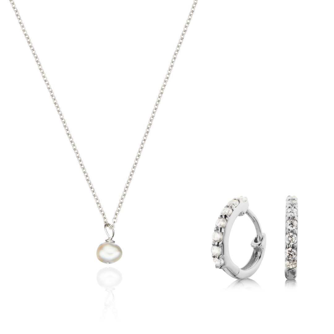 Silver Diamond Style Huggies and Single Pearl Necklace Gift Set