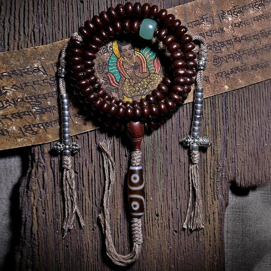 Buddha Stones Natural Tibet 108 Mala Beads Purple Bodhi Seed Three-eyed Dzi Bead Copper Dorje Harmony Bracelet