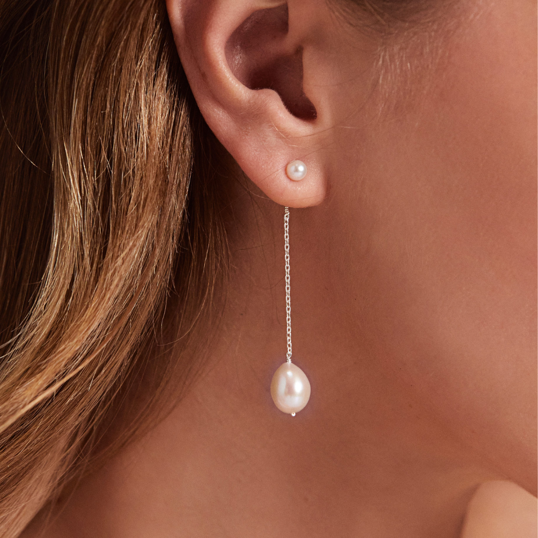 Solid White Gold Large and Small Pearl Drop Stud Earrings