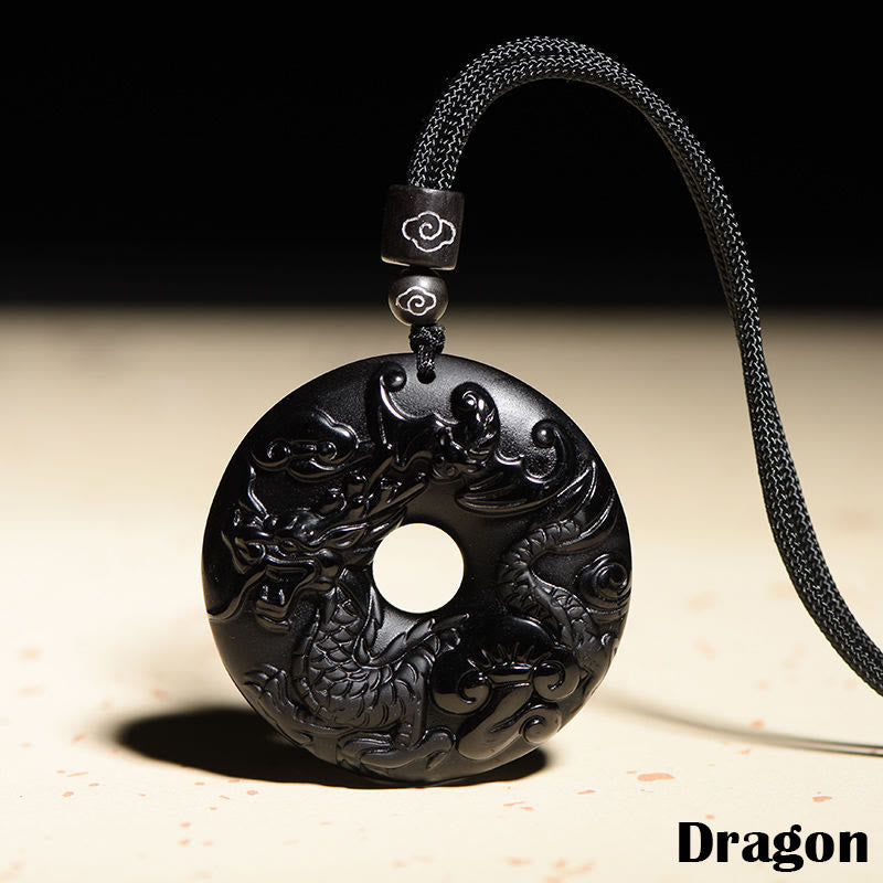 Collar con colgante de obsidiana negra natural con piedras de Buda y hebilla de fuerza del zodiaco chino