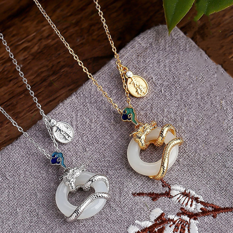 Collar con colgante de plata de ley 925 con piedras de Buda y jade blanco hetiano, con hebilla de paz y nubes auspiciosas, ideal para el éxito.