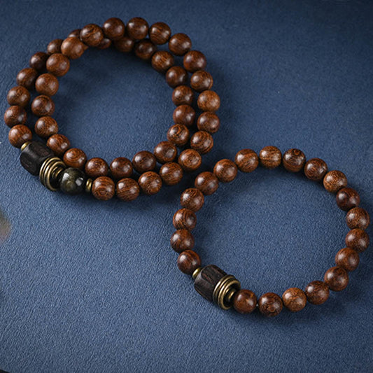 Pulsera curativa de doble vuelta con cuentas de madera de ébano y sándalo de Buda