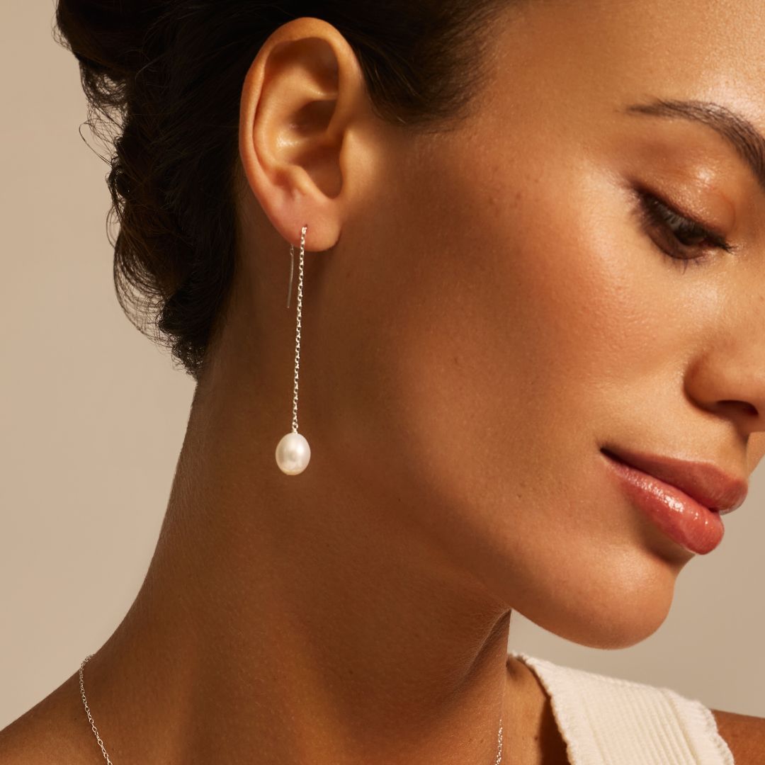 Silver Large Pearl Drop Ear Threaders and Single Pearl Choker Gift Set