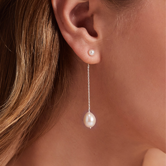 Silver Large and Small Pearl Drop Stud Earrings