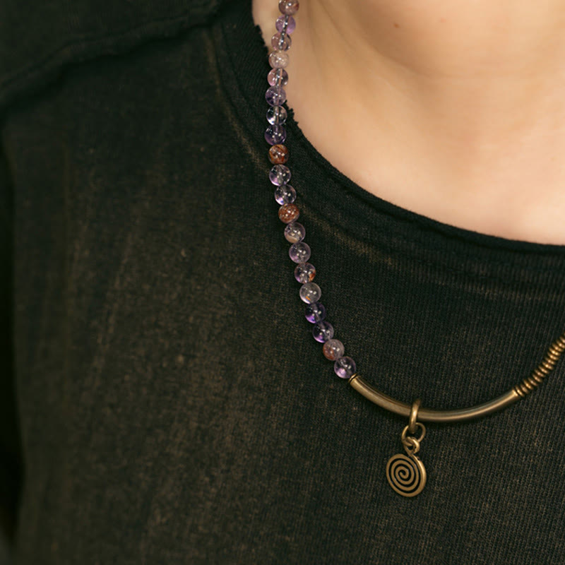 Pulsera de cobre con piedras de Buda, cuarzo hematoide rojo fantasma morado y cuarzo rutilado verde, amor y perdón