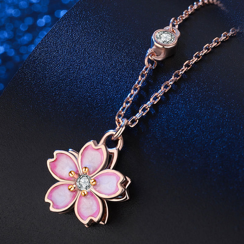Collar con colgante de flor de cerezo en plata de ley 925 con piedras de Buda y protección giratoria