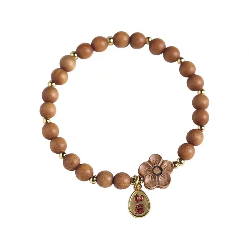 Pulsera de protección con dijes de Ruyi de sándalo rojo, hojas pequeñas y flor de melocotón de sándalo natural y piedras de Buda