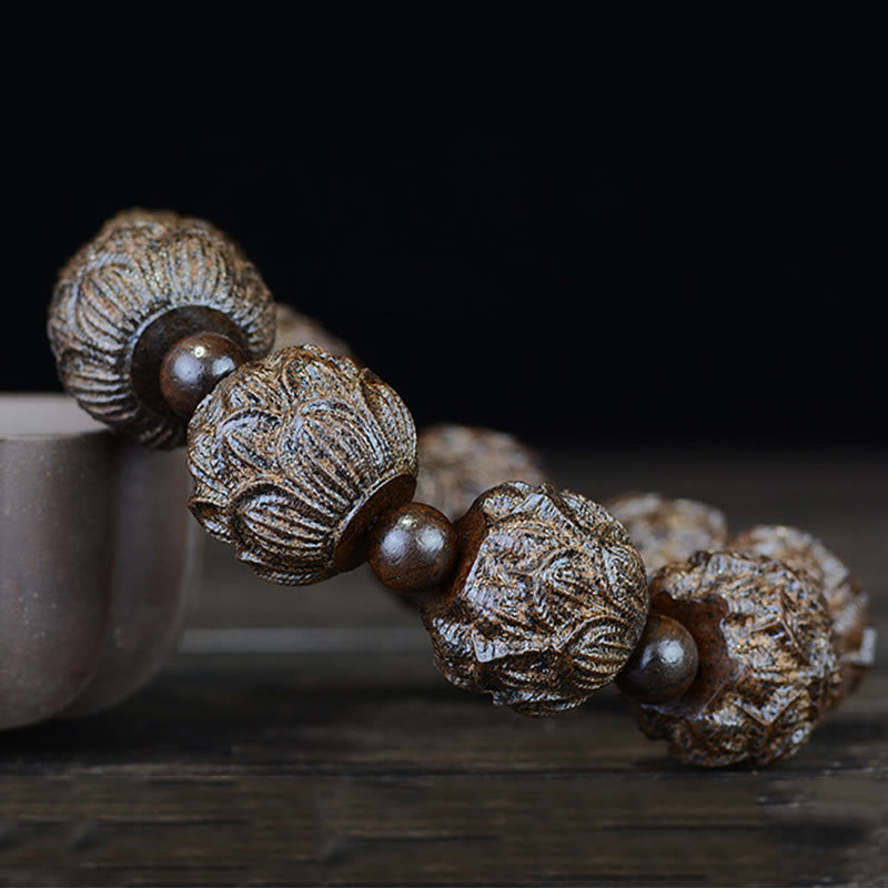 Pulsera de equilibrio con grabado de dragón de loto y dieciocho arhats de madera de ébano y piedras de Buda