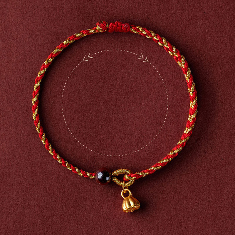 Pulsera trenzada con dije de paz y alegría de loto, hecha a mano con piedras de Buda y cuerda de oro rojo