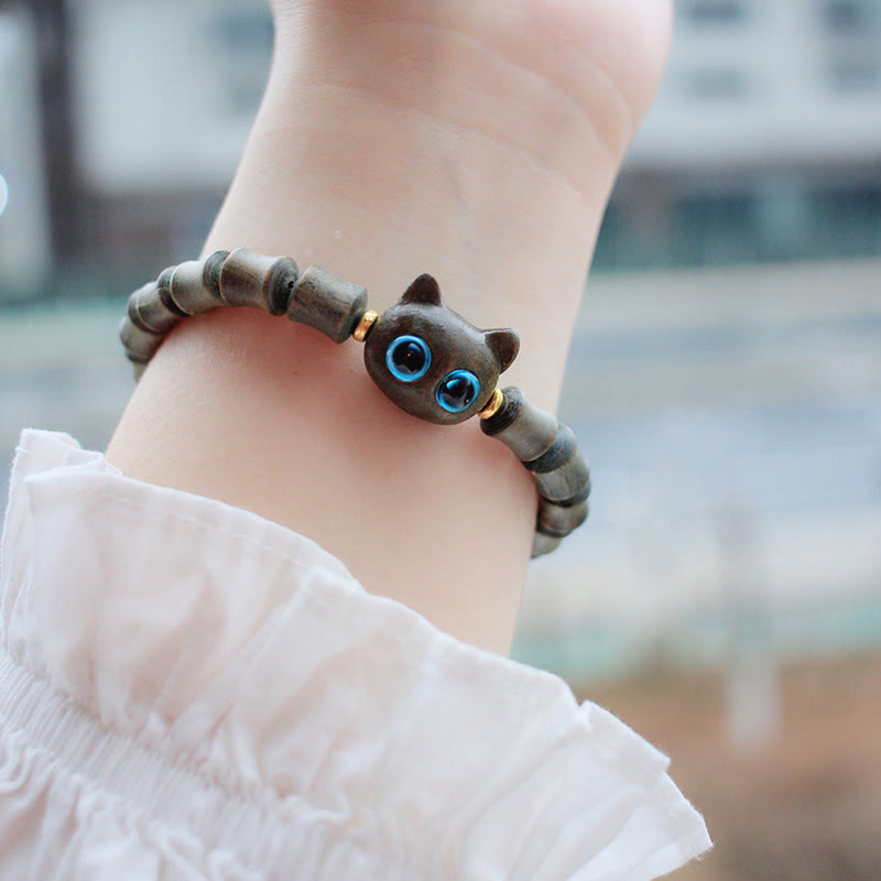 Pulsera de la paz con piedras de Buda, madera de ébano y sándalo verde, con un bonito gato
