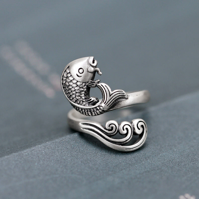 Anillo de plata de ley 925 con piedras de Buda y pez koi, con ondas de agua, para la suerte y la riqueza.