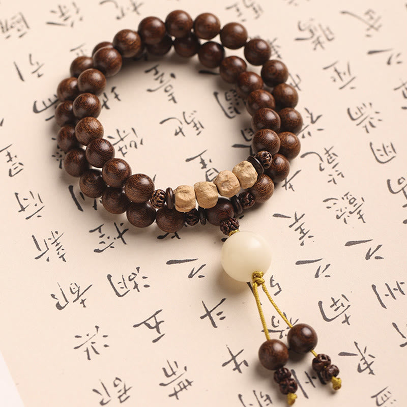 Pulsera de doble vuelta con semillas de Bodhi y sándalo rojo de hoja pequeña con piedras de Buda y sándalo