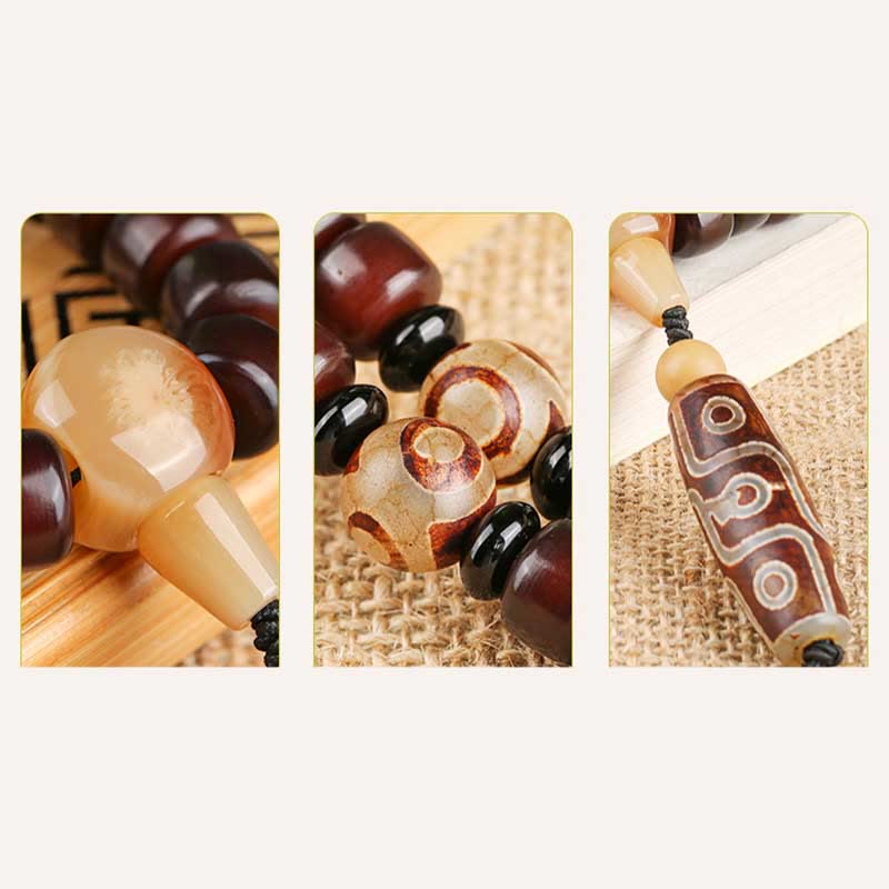 Pulsera de jade de la suerte con 108 cuentas Mala, cuentas Dzi de tres ojos y cuentas Dzi de nueve ojos.
