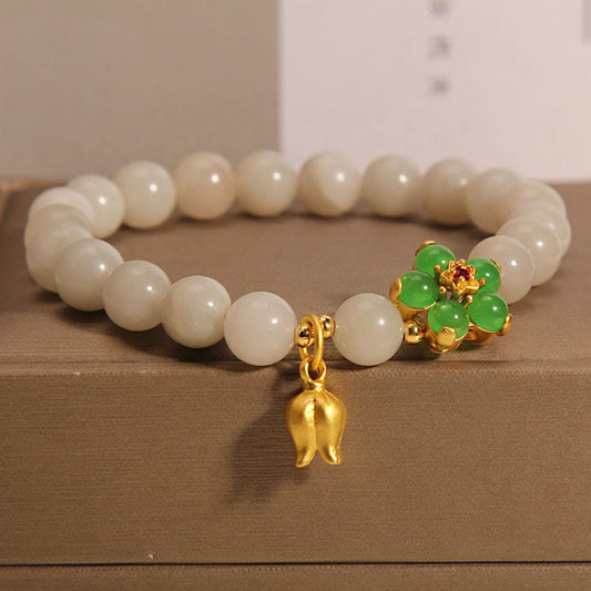 Pulsera de la suerte con lirio de los valles y flor de jade verde natural de Buda