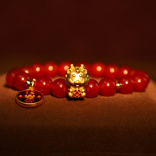 Pulsera de ágata roja natural con monedas de cobre y piedras de Buda del Año del Dragón para atraer la fortuna
