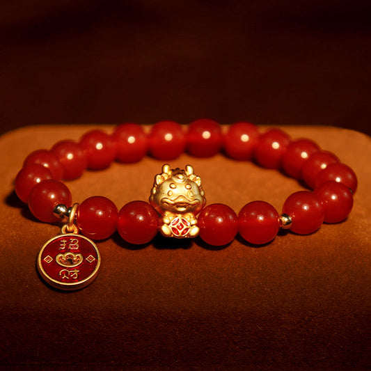 Pulsera de ágata roja natural con monedas de cobre y piedras de Buda del Año del Dragón para atraer la fortuna