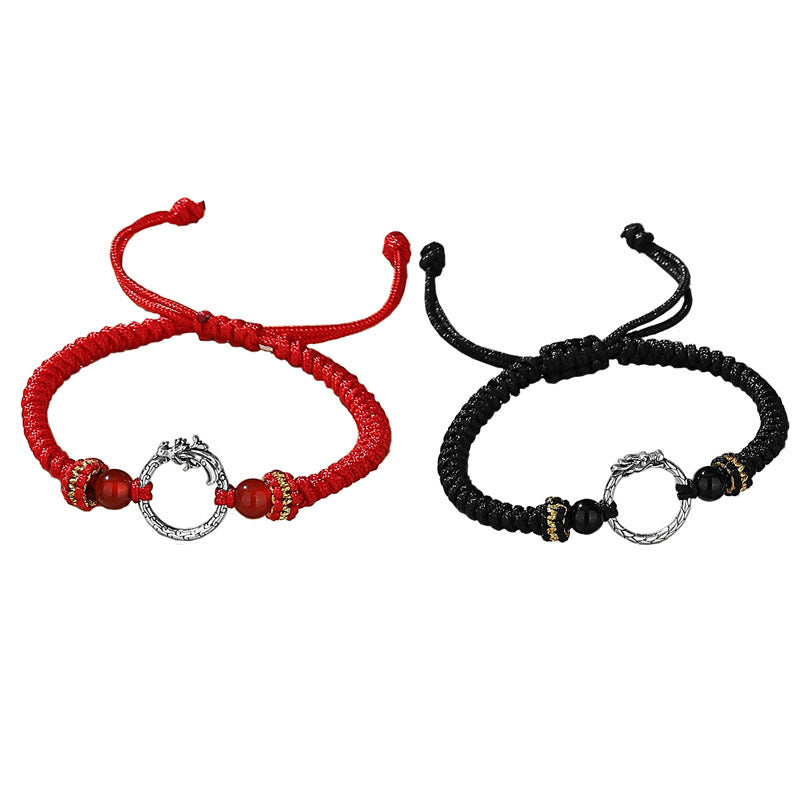 Buddha Stones Handmade 925 Sterling Silver Year of the Dragon Phoenix Peace Buckle Luck Couple Bracelet