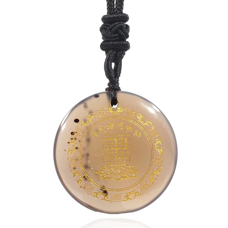 Collar con colgante de obsidiana negra con cristales naturales y varios diseños de loto y esvástica de Buda.