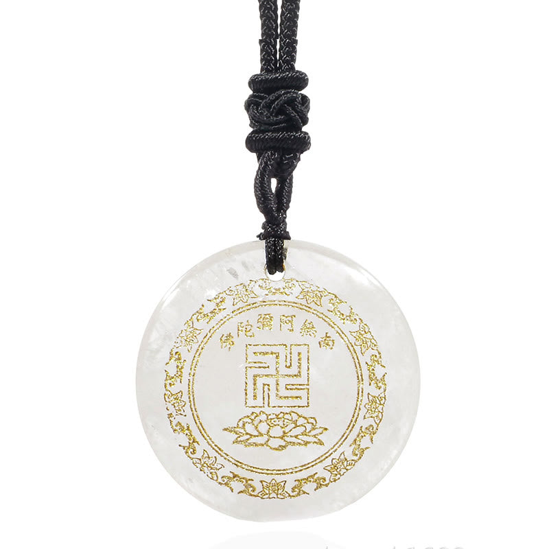 Collar con colgante de obsidiana negra con cristales naturales y varios diseños de loto y esvástica de Buda.