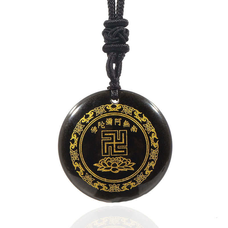 Collar con colgante de obsidiana negra con cristales naturales y varios diseños de loto y esvástica de Buda.