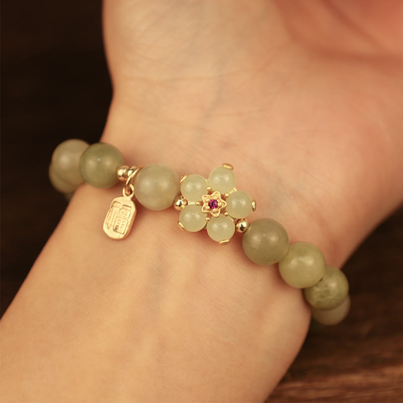 Pulsera de la suerte con amuleto de la suerte con flor de jade verde y piedras de Buda