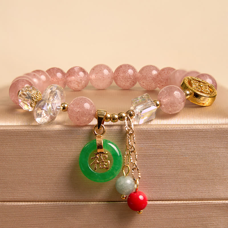 Pulsera curativa con dijes de jade fu y cuarzo fresa de Buda