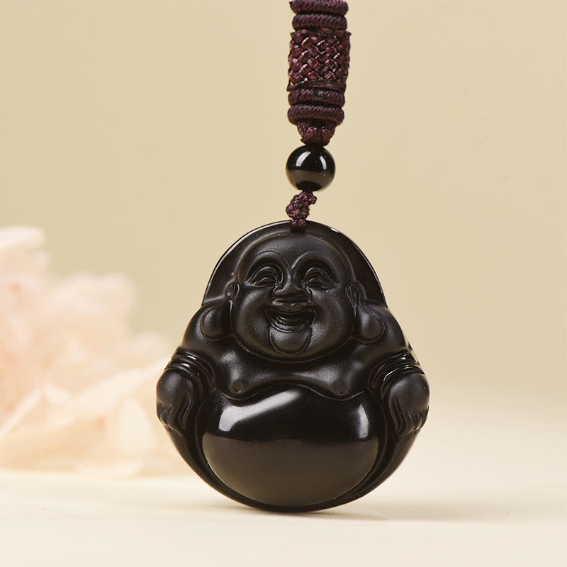 Colgante de purificación de Buda sonriente con obsidiana negra natural y obsidiana de hielo
