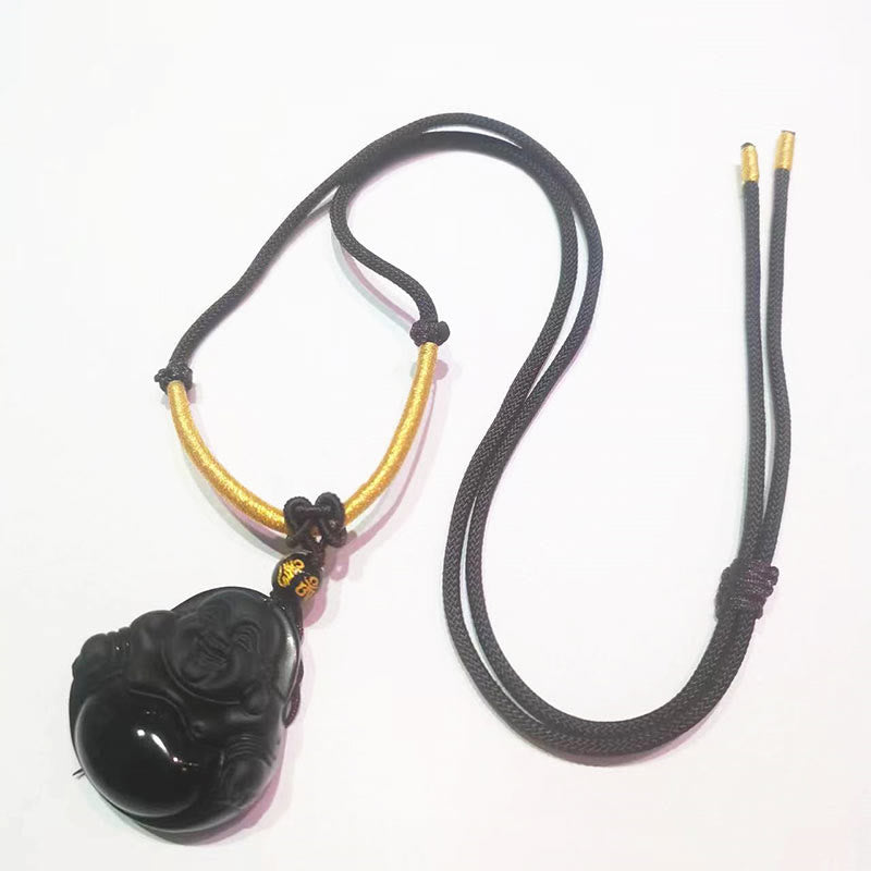 Colgante de purificación de Buda sonriente con obsidiana negra natural y obsidiana de hielo