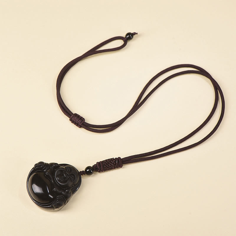 Colgante de purificación de Buda sonriente con obsidiana negra natural y obsidiana de hielo