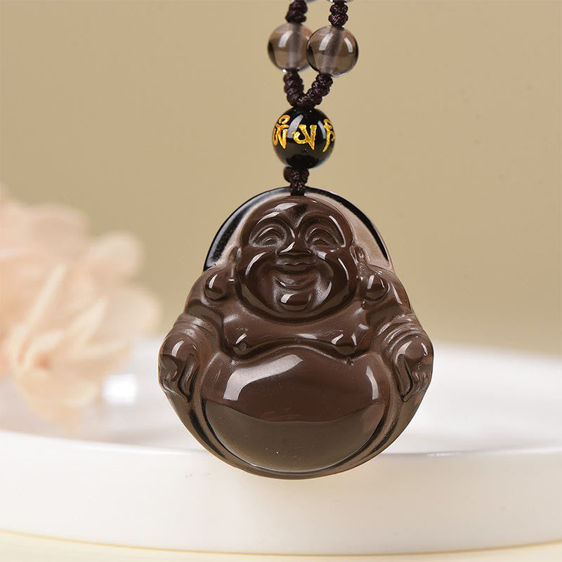 Colgante de purificación de Buda sonriente con obsidiana negra natural y obsidiana de hielo