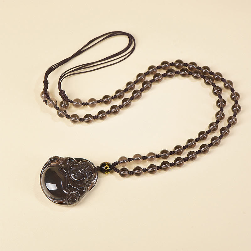 Colgante de purificación de Buda sonriente con obsidiana negra natural y obsidiana de hielo