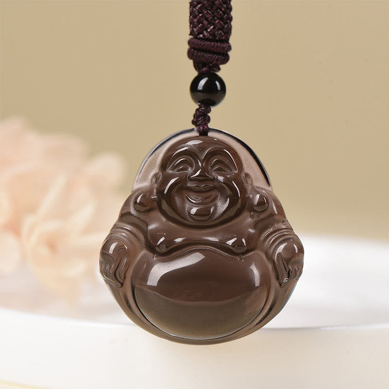 Colgante de purificación de Buda sonriente con obsidiana negra natural y obsidiana de hielo