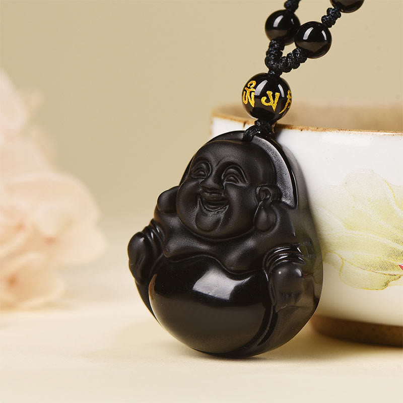 Colgante de purificación de Buda sonriente con obsidiana negra natural y obsidiana de hielo