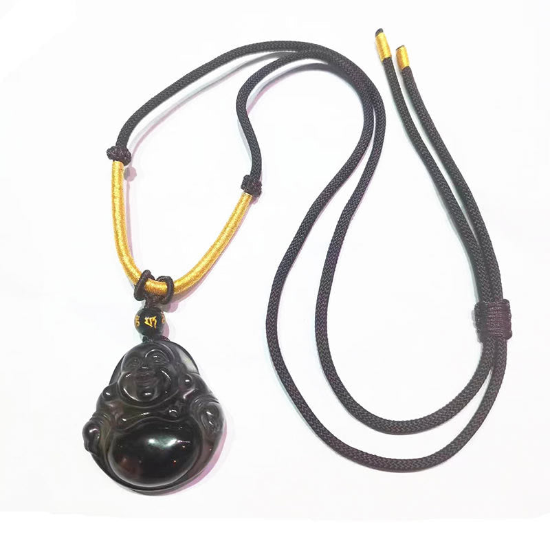 Colgante de purificación de Buda sonriente con obsidiana negra natural y obsidiana de hielo