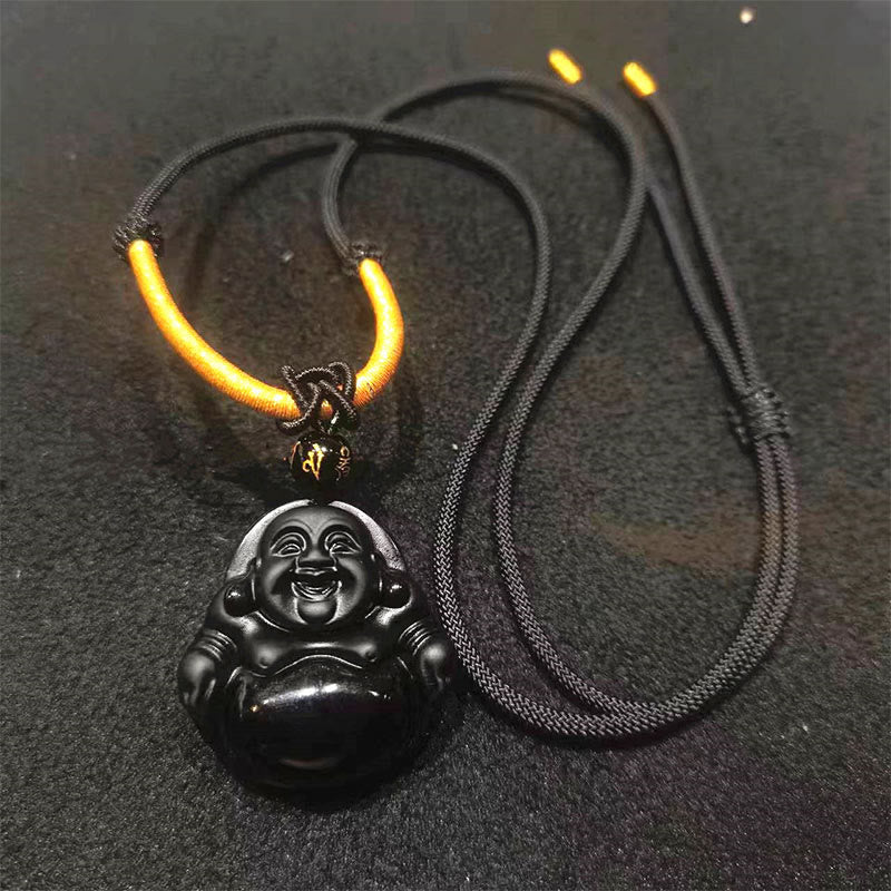 Colgante de purificación de Buda sonriente con obsidiana negra natural y obsidiana de hielo