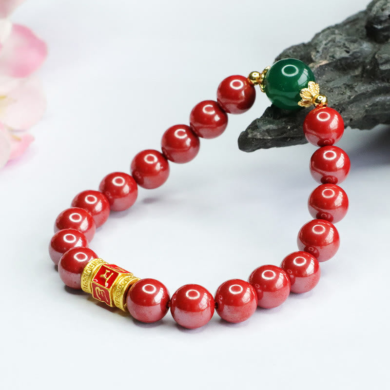Pulsera de piedras de Buda con ágata verde cinabrio natural y patrón Om Mani Padme Hum