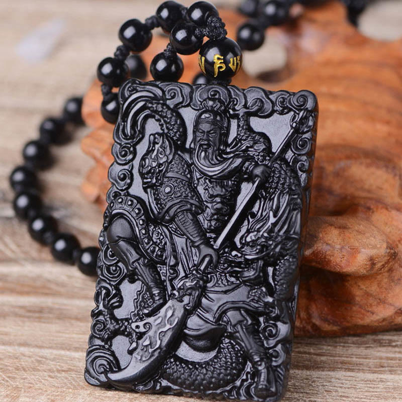 Collar con colgante de fuerza grabado con amuleto Guan Gong de obsidiana negra y piedras de Buda