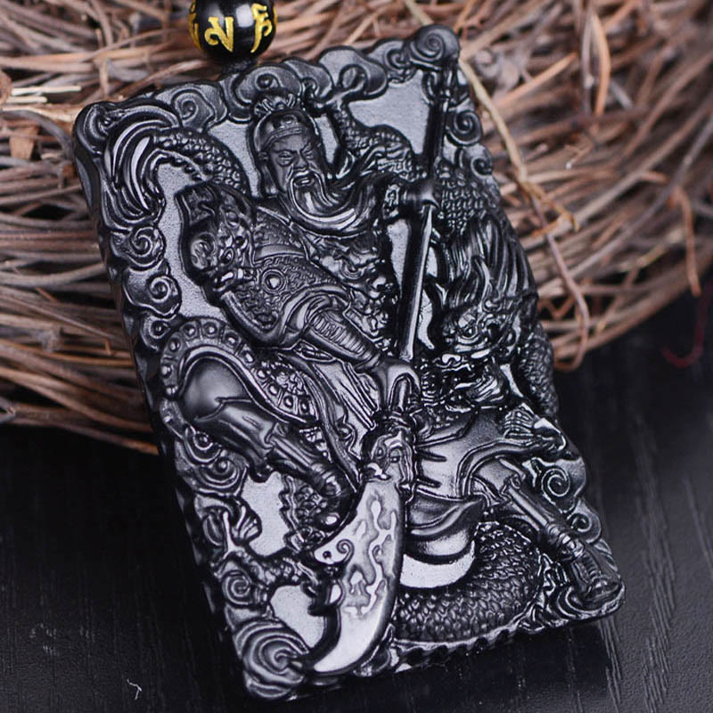 Collar con colgante de fuerza grabado con amuleto Guan Gong de obsidiana negra y piedras de Buda