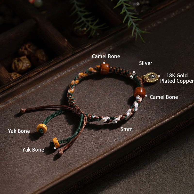 Pulsera de cuerda de la suerte con hueso de camello y hueso de yak tibetano de Buda