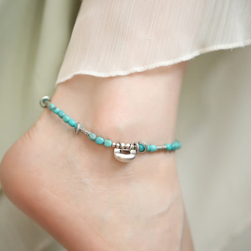 Tobillera con dije de candado chino de turquesa y cuentas pequeñas de plata de ley 925 con piedras de Buda