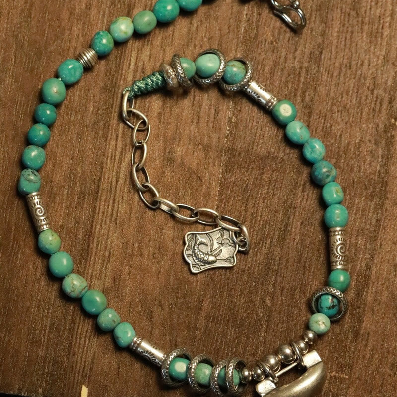Tobillera con dije de candado chino de turquesa y cuentas pequeñas de plata de ley 925 con piedras de Buda
