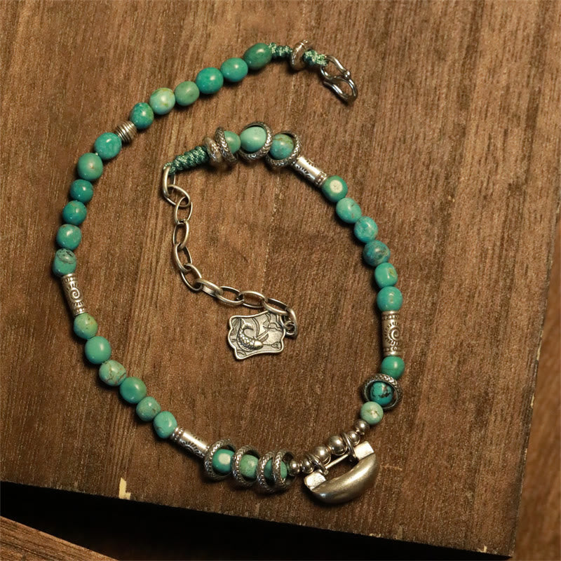 Tobillera con dije de candado chino de turquesa y cuentas pequeñas de plata de ley 925 con piedras de Buda