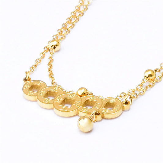 Tobillera de acero y titanio con monedas de cobre y piedras de Buda que atraen la riqueza