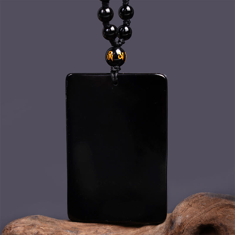 Collar con colgante de fuerza grabado con amuleto Guan Gong de obsidiana negra y piedras de Buda