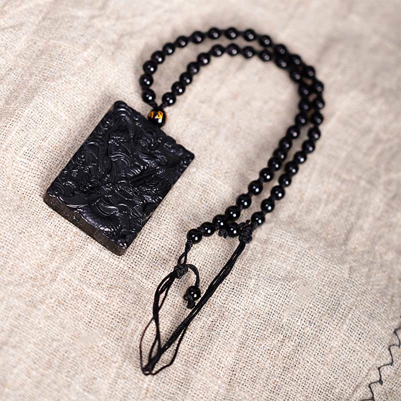 Collar con colgante de fuerza grabado con amuleto Guan Gong de obsidiana negra y piedras de Buda