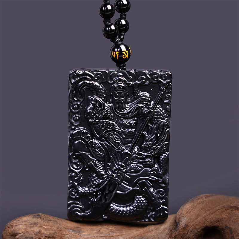 Collar con colgante de fuerza grabado con amuleto Guan Gong de obsidiana negra y piedras de Buda