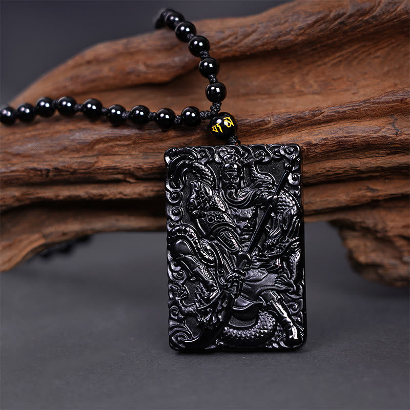 Collar con colgante de fuerza grabado con amuleto Guan Gong de obsidiana negra y piedras de Buda