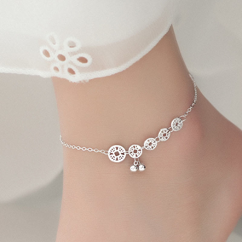 Tobillera de metal con piedras de Buda, monedas de cobre, campanas y protección en plata de ley 925