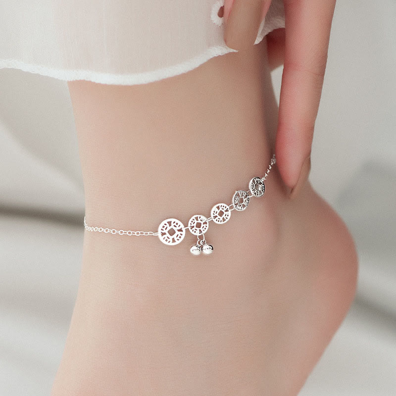 Tobillera de metal con piedras de Buda, monedas de cobre, campanas y protección en plata de ley 925