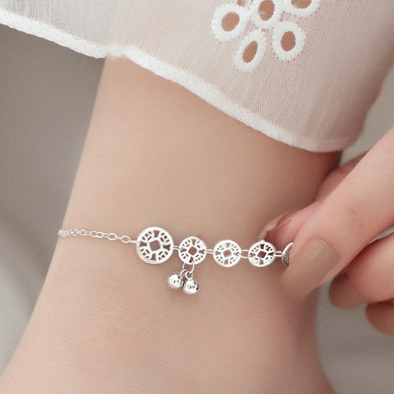 Tobillera de metal con piedras de Buda, monedas de cobre, campanas y protección en plata de ley 925
